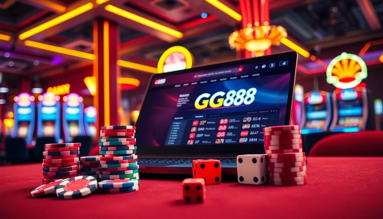 Engage with GG88's vibrant online casino atmosphere featuring poker chips, roulette wheel, and illuminated elements.