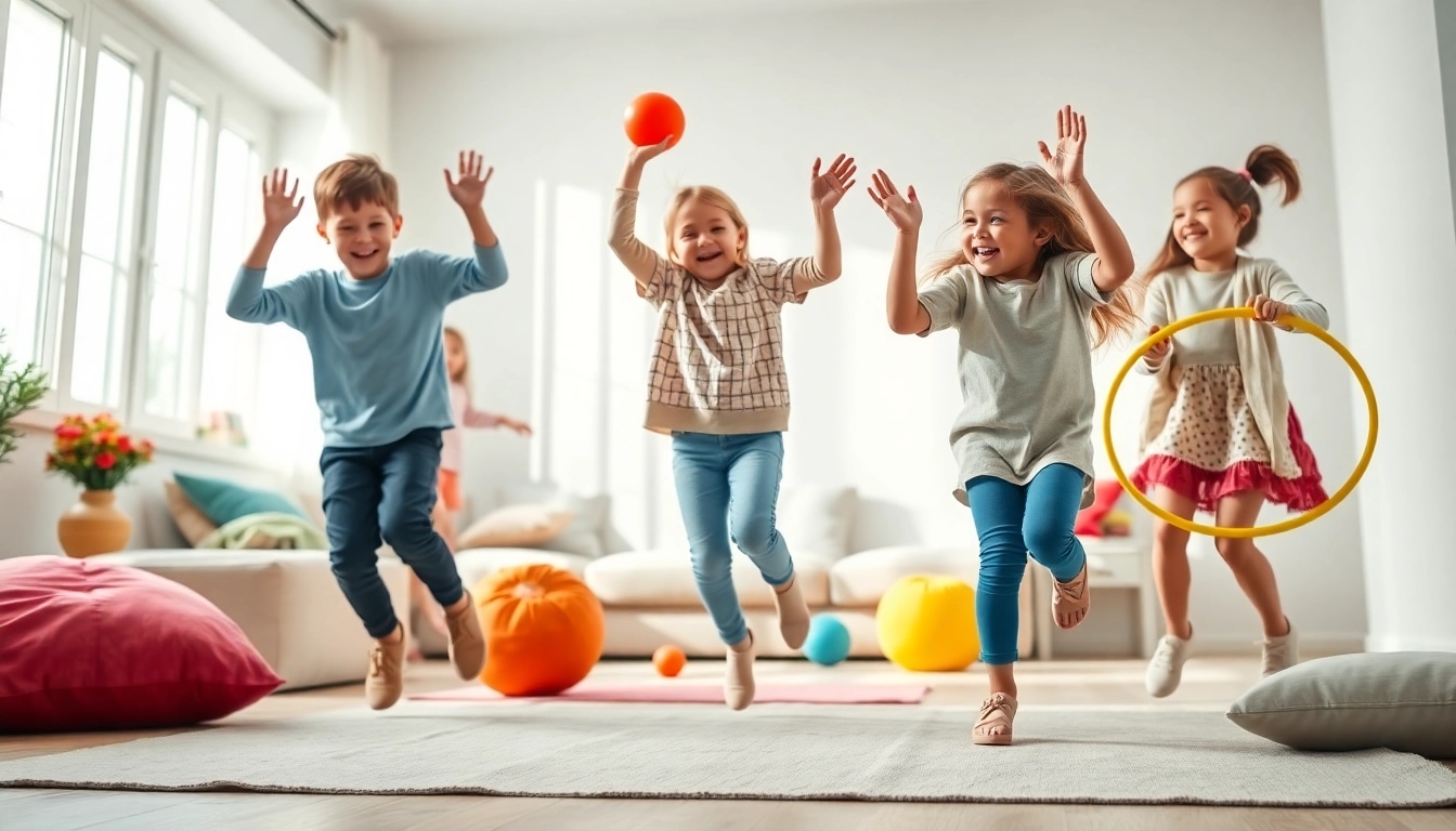 Begeisterte Kinder spielen drinnen Bewegungsspiele, mehr dazu lesen fuer kreative Ideen.