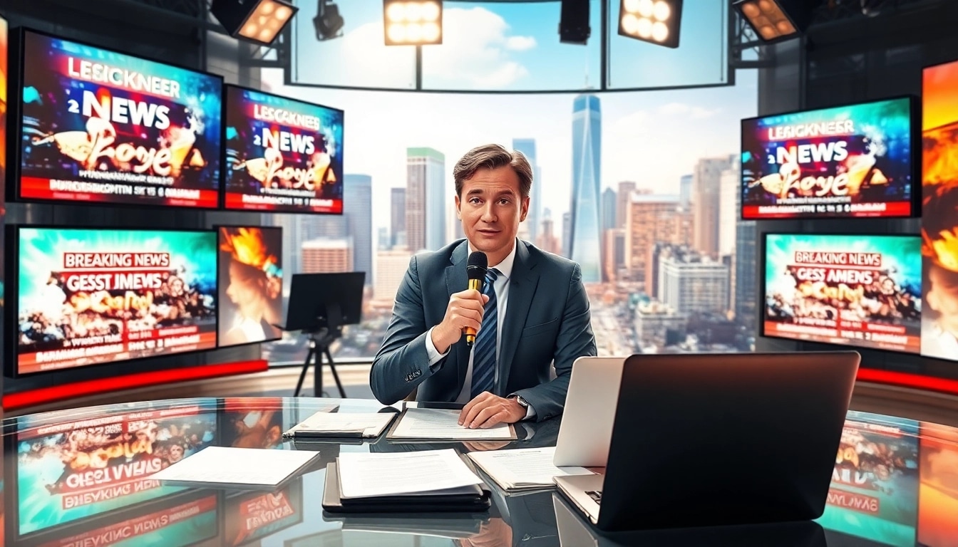 Aktuelle Meldungen von einem engagierten Journalisten in einem lebhaften Nachrichtenbüro präsentieren.