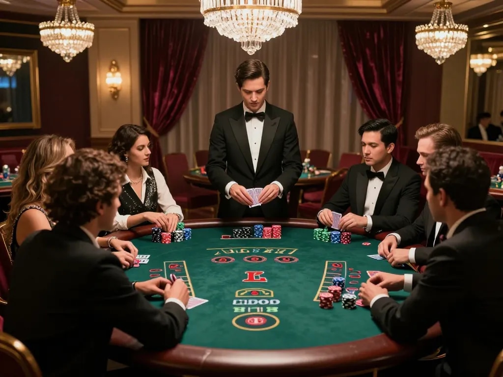 Players at the Go8 blackjack table strategizing bets with a focused dealer.