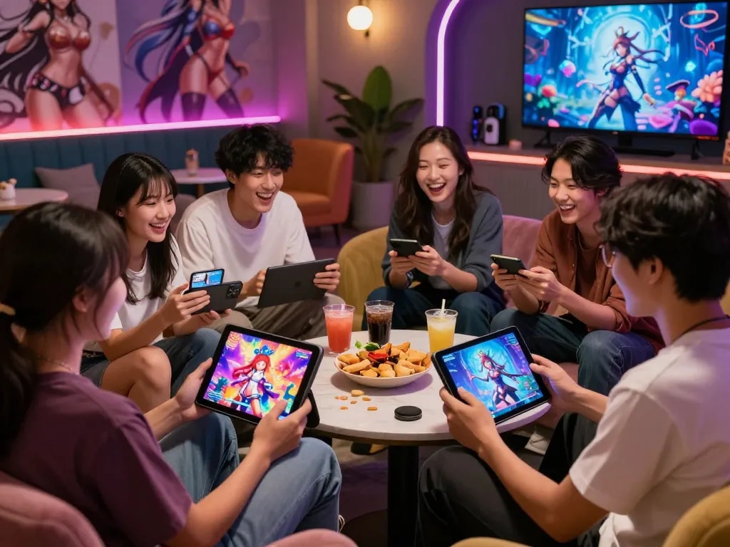 Group of friends enjoying exciting porn ganes on tablets and smartphones in a vibrant gaming lounge