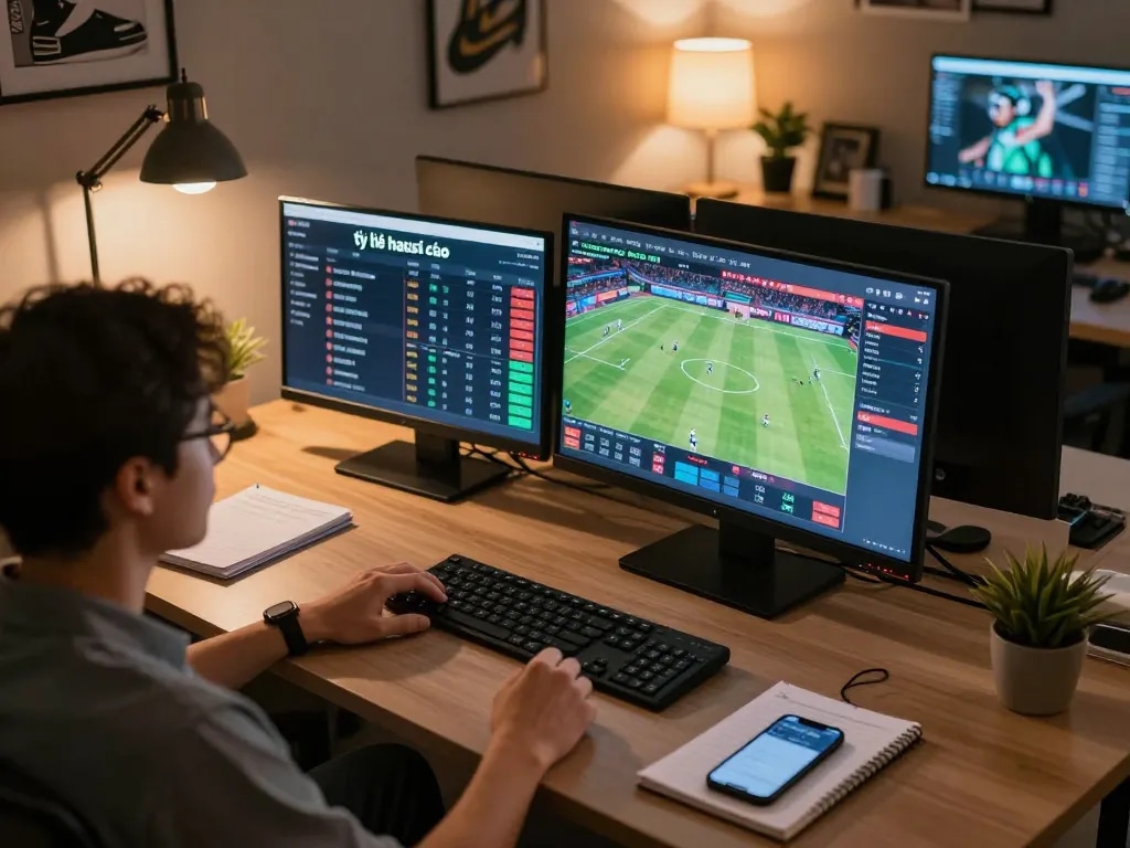 Engaged bettor analyzing tỷ lệ nhà cái on multiple screens in a stylish home office.