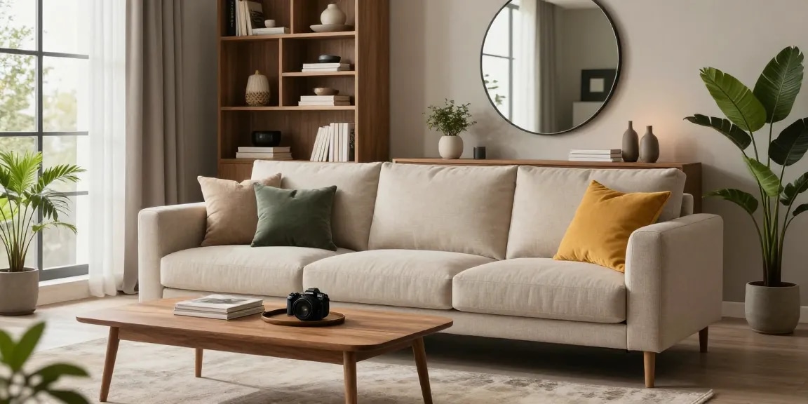Stilvolles Wohnzimmer mit modernen Möbeln aus einem Möbel Shop online, das helles Tageslicht und dekorative Elemente präsentiert.