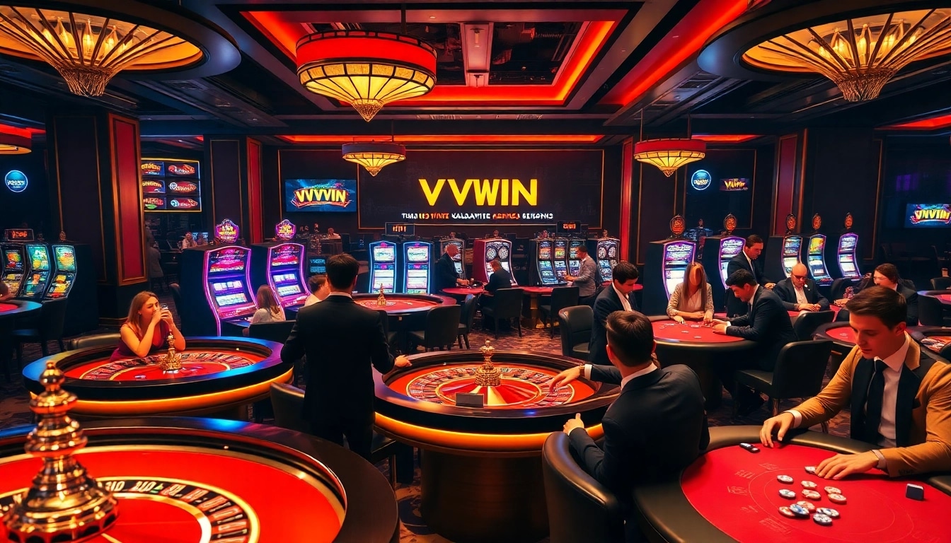 Excited players engaging in luxury gameplay at VVVWIN casino, showcasing roulette tables and vibrant slot machines.
