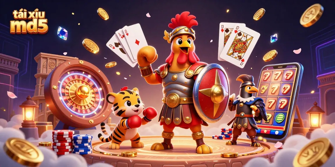 Experience the excitement of tài xỉu md5 in this vibrant 3D casino scene with a gladiator rooster and playful tiger.