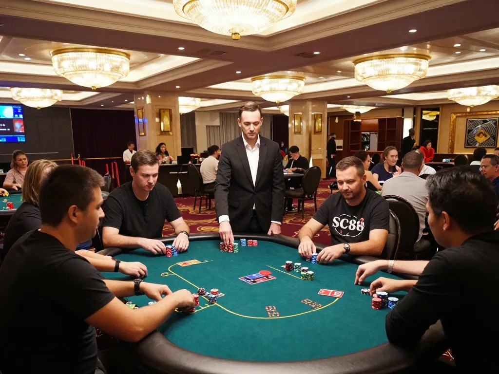 Experience the thrill of strategy at SC88 DAY's bustling casino floor with active poker games.