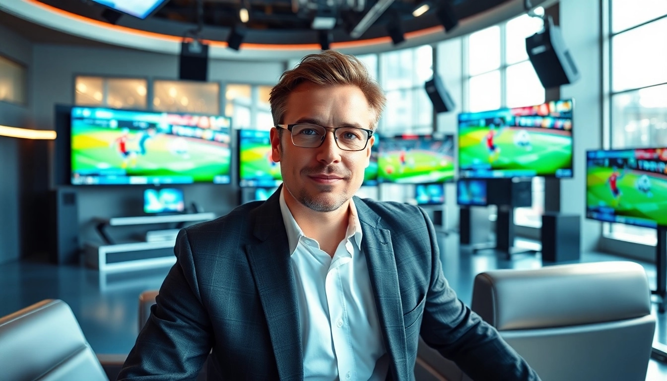 Engaging sports broadcasting analysis in a modern studio environment with vibrant visuals.