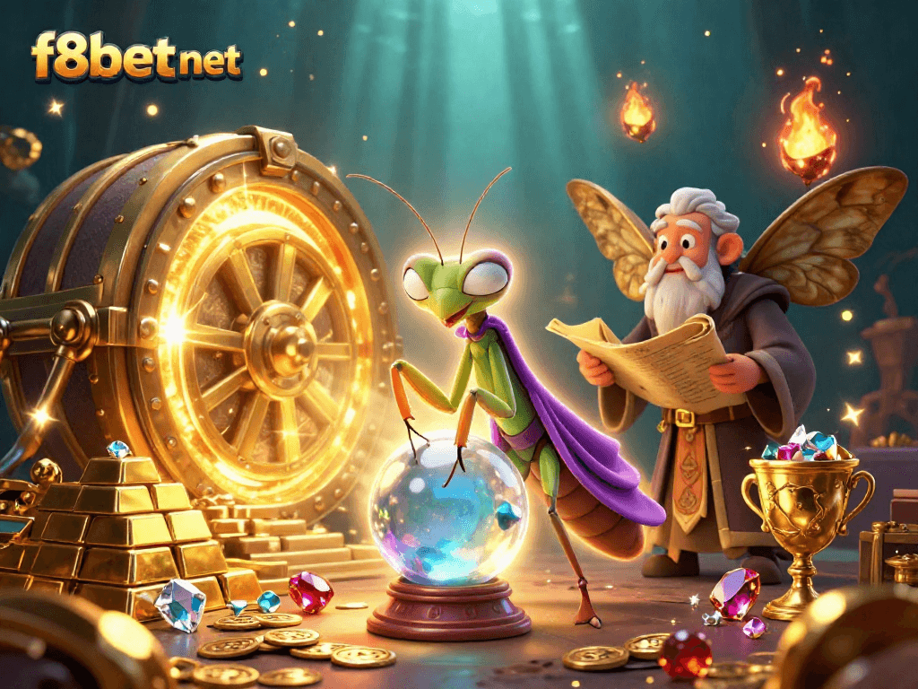 Experience the magic of f8bet net with whimsical casino characters and vibrant treasures.