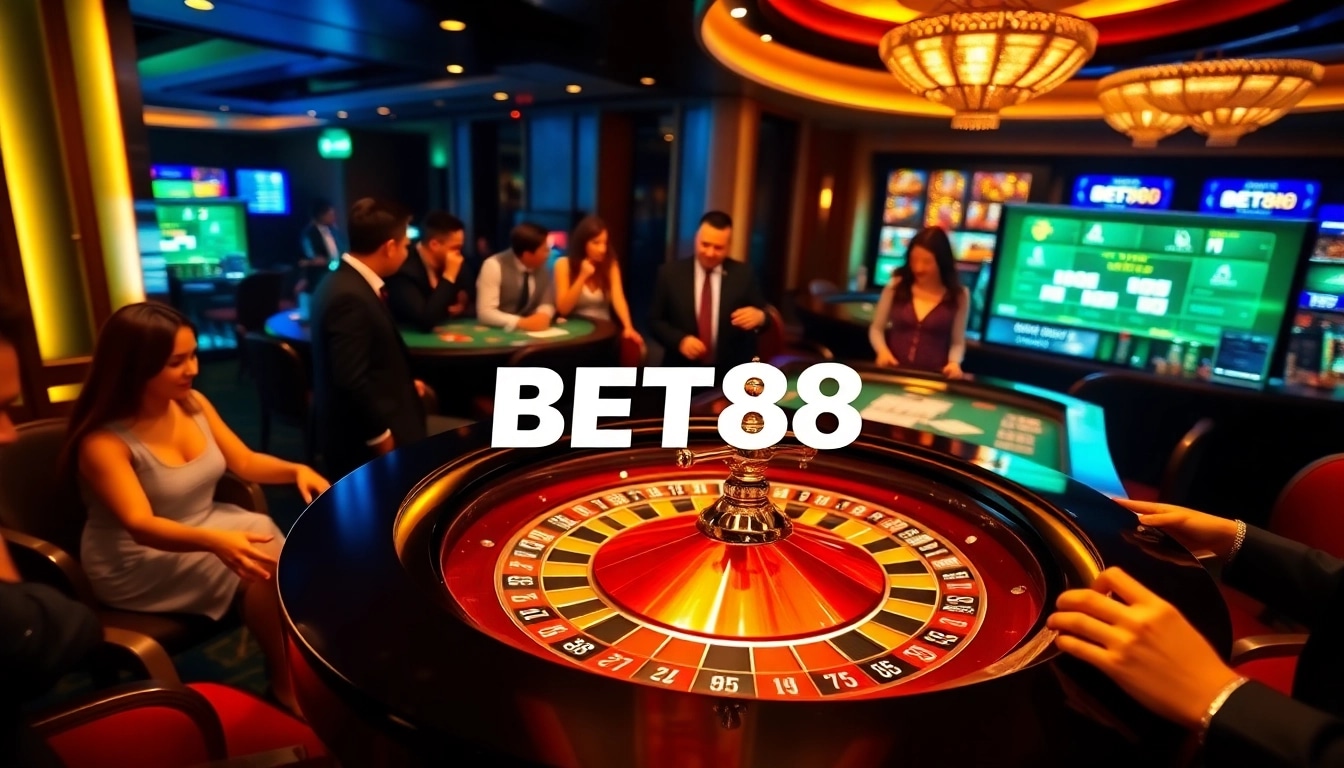 Experience the thrills of BET88 with an exciting casino scene highlighting roulette and poker action.