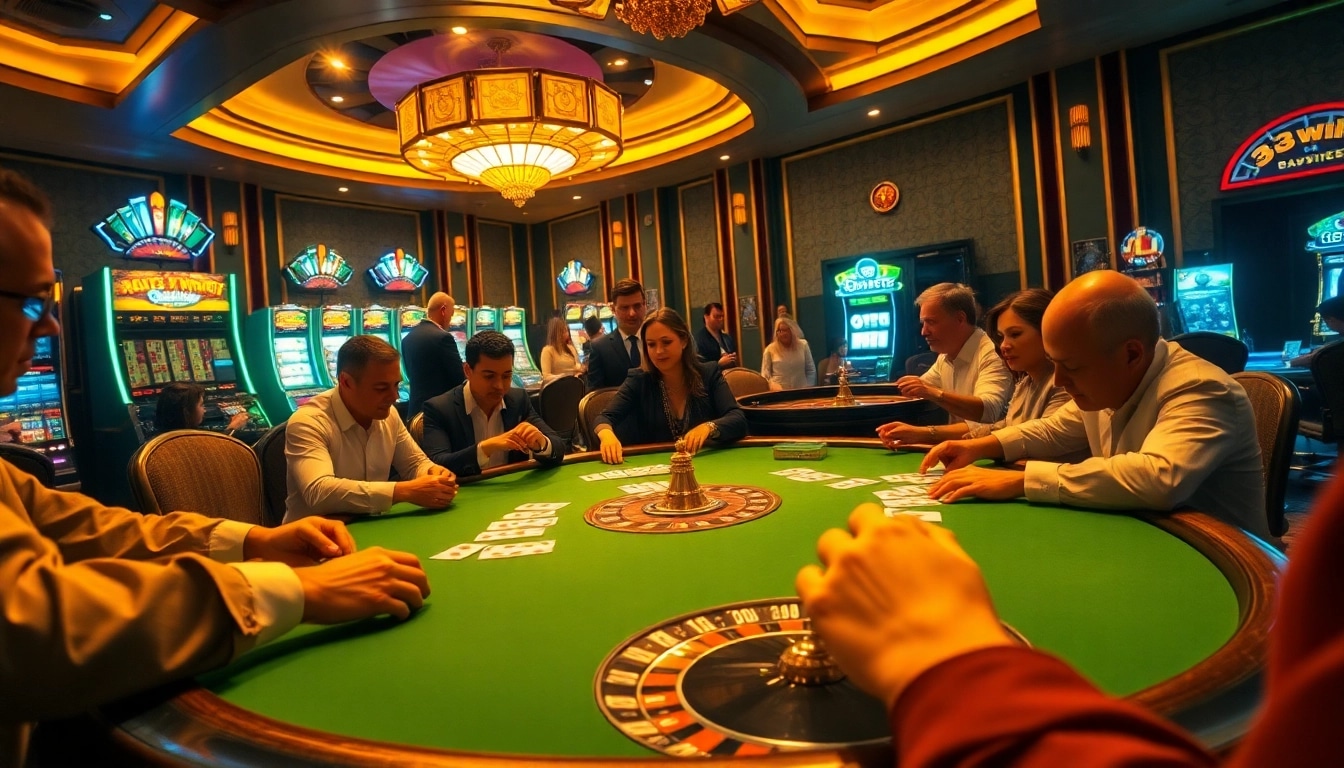 Experienced gamblers placing bets at a luxurious poker table in 33win casino.