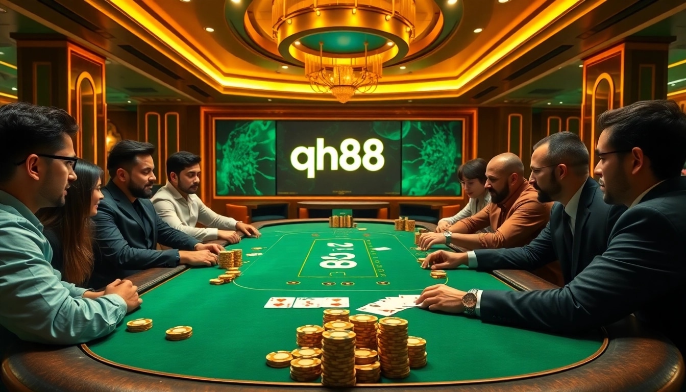 Players at a qh88 poker table immersed in a thrilling game with vibrant casino elements.
