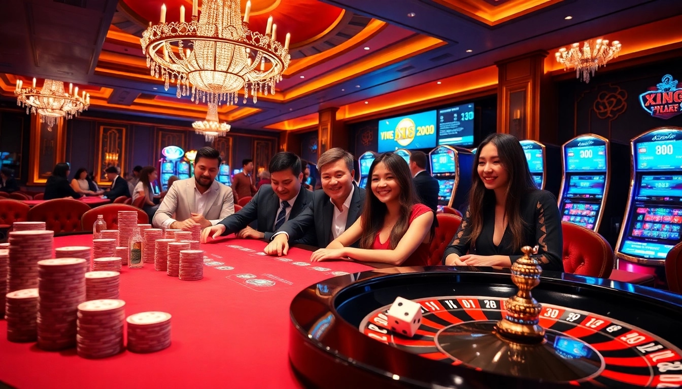 Gambling environment showcasing excitement at xin88 with poker tables, roulette wheels, and slot machines.