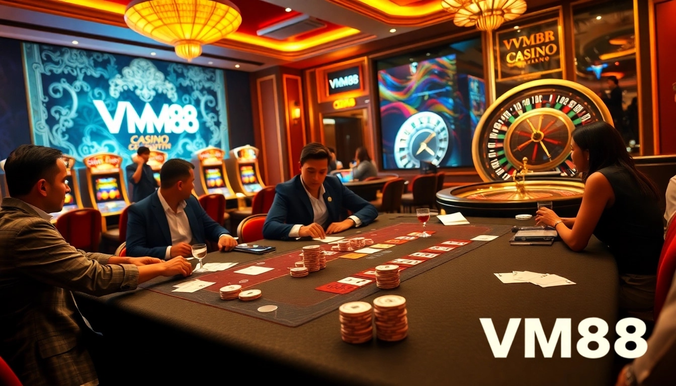 VM88 players engaged in a high-stakes poker game at an elegant casino table.