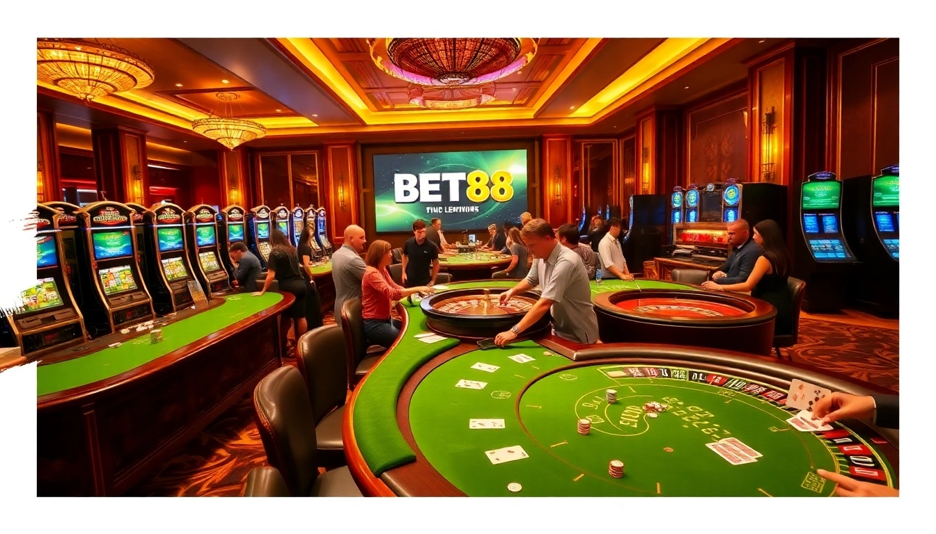 Exciting gaming scene at BET88 casino with players and vibrant table games.