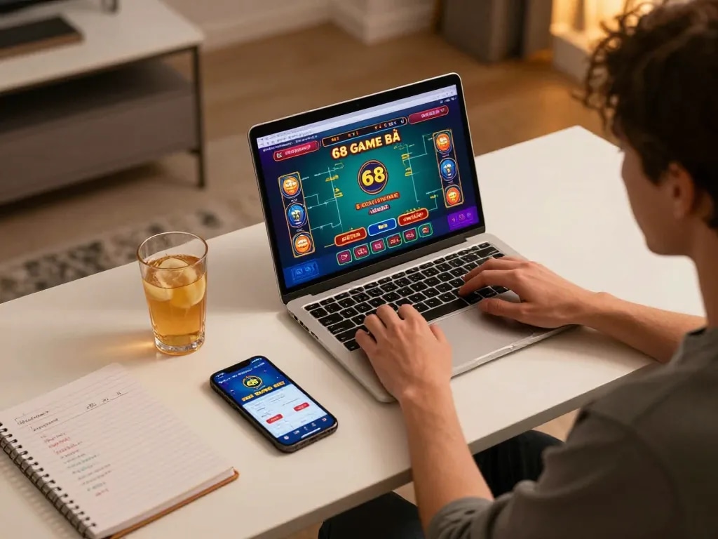 Engaged player exploring 68 Game Bài on their laptop, showcasing online gambling excitement.