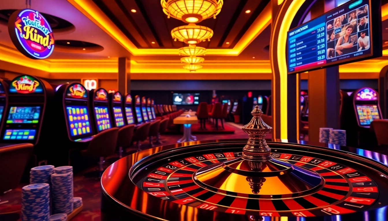 Experience luxury gaming at king88 with vibrant casino elements like roulette and slot machines.