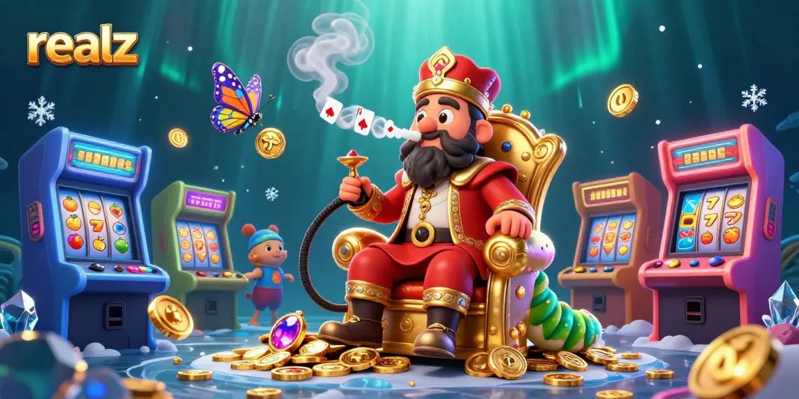 Spin the reels at Realz Casino with vibrant characters and exciting game elements in a dynamic scene.