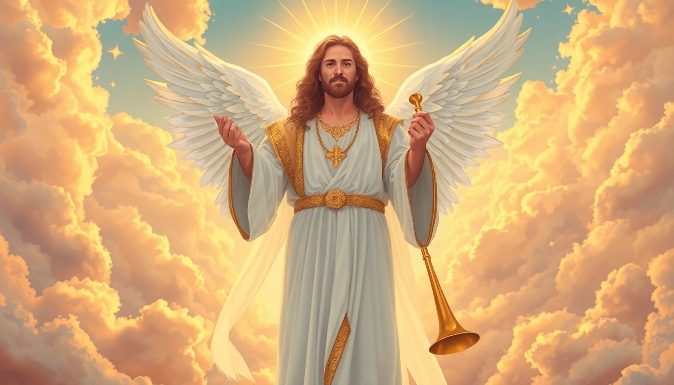 Erzengel Gabriel majestically depicted as a heavenly figure with a golden trumpet.