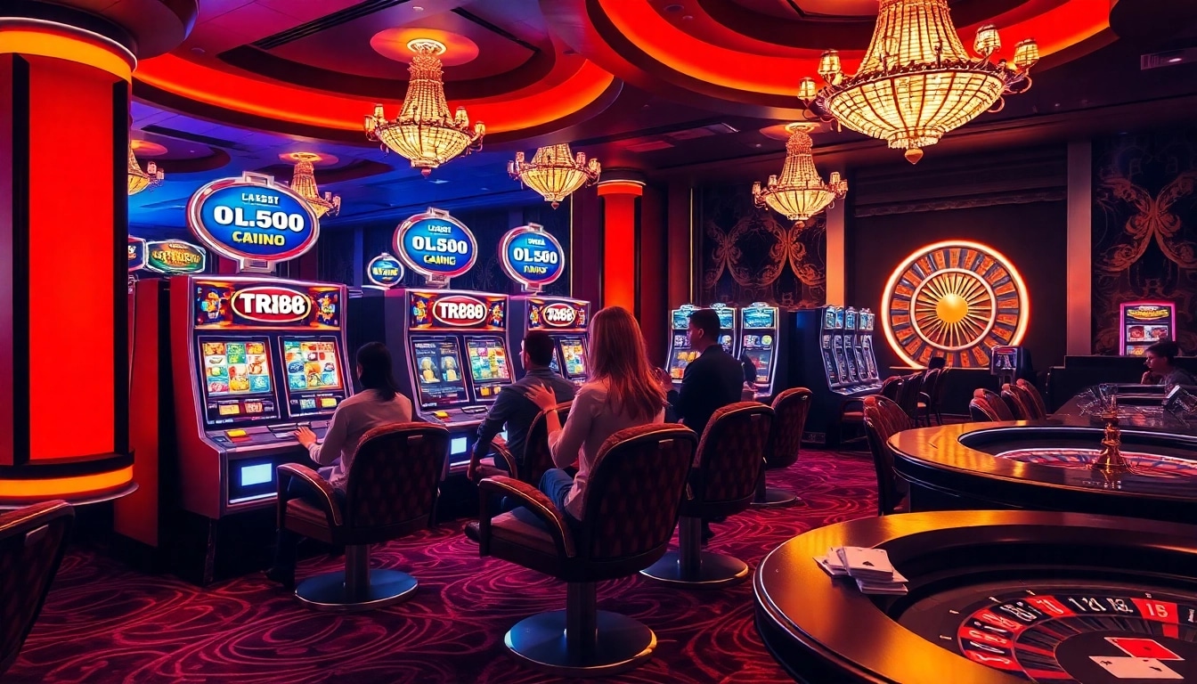 Players enjoying the TR88 slot machine in a luxurious casino setting, showcasing excitement and thrills.