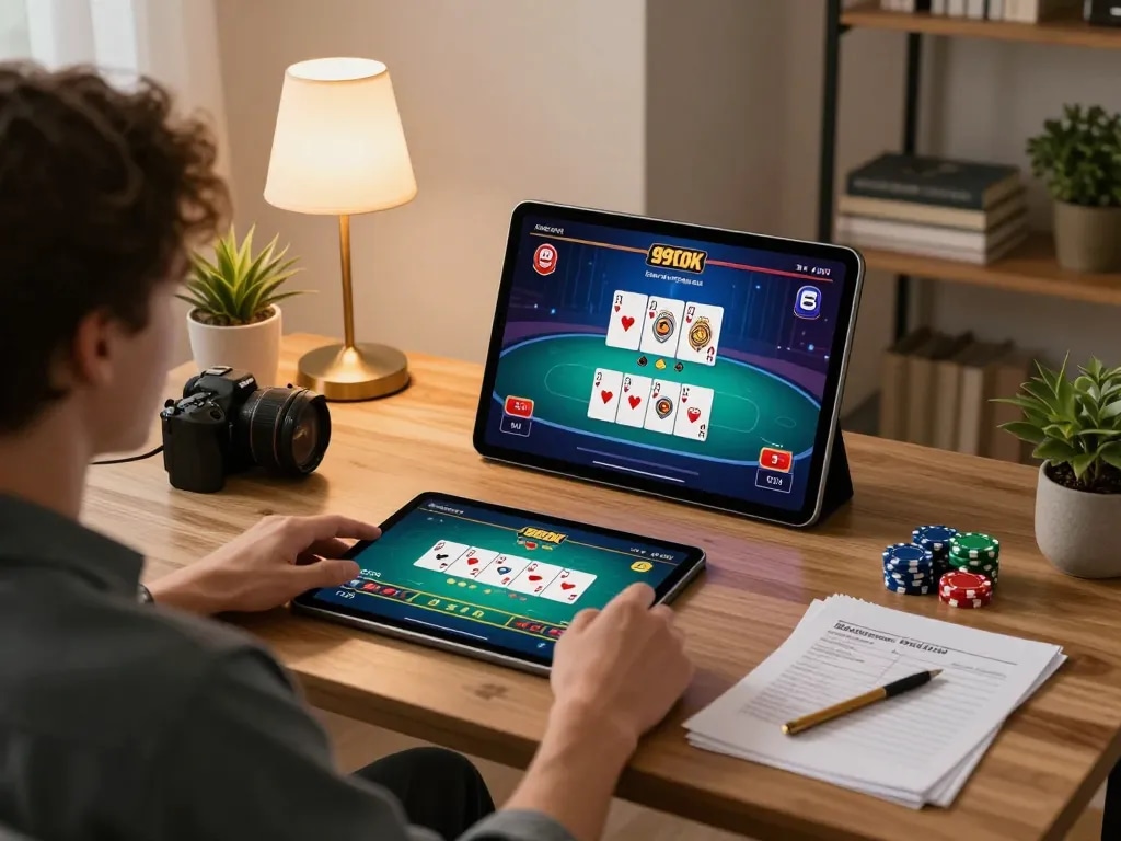 Player engaging in strategic online gaming with 99OK app on tablet in cozy home office.