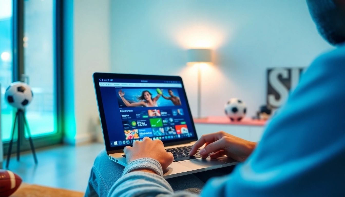 Erleben Sie das Aufregende der legal online sportwetten mit einer Person, die an ihrem Laptop Wettentscheidungen trifft, umgeben von Sportutensilien.
