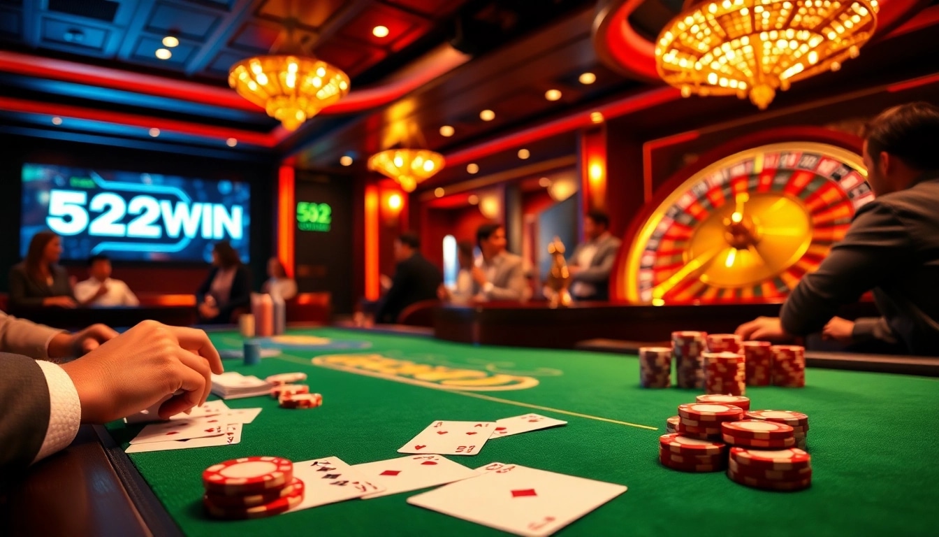 Players enjoying an engaging casino table experience featuring 52WIN poker chips and cards.