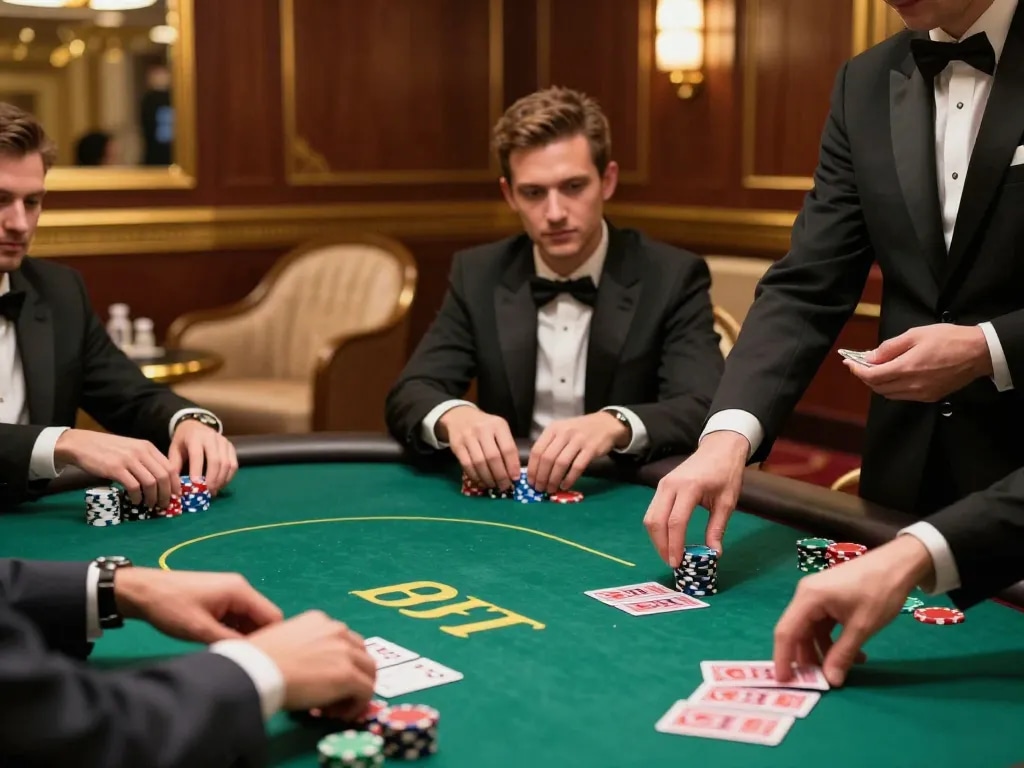 I9BET poker players strategizing in a luxurious VIP room, showcasing high-stakes gameplay.