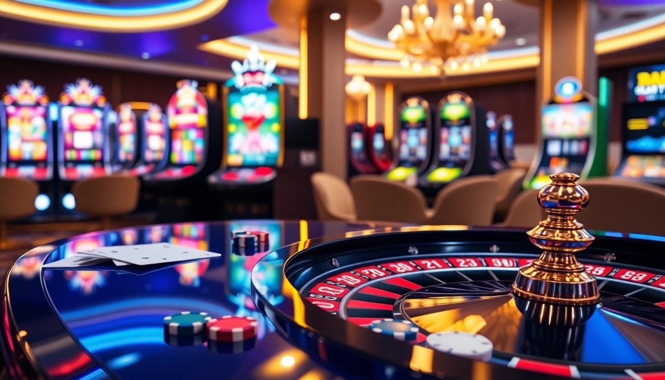 Trải nghiệm sự hứng khởi của trò chơi tại https://luck8.net với bàn roulette sống động và máy đánh bạc trong một casino sang trọng.