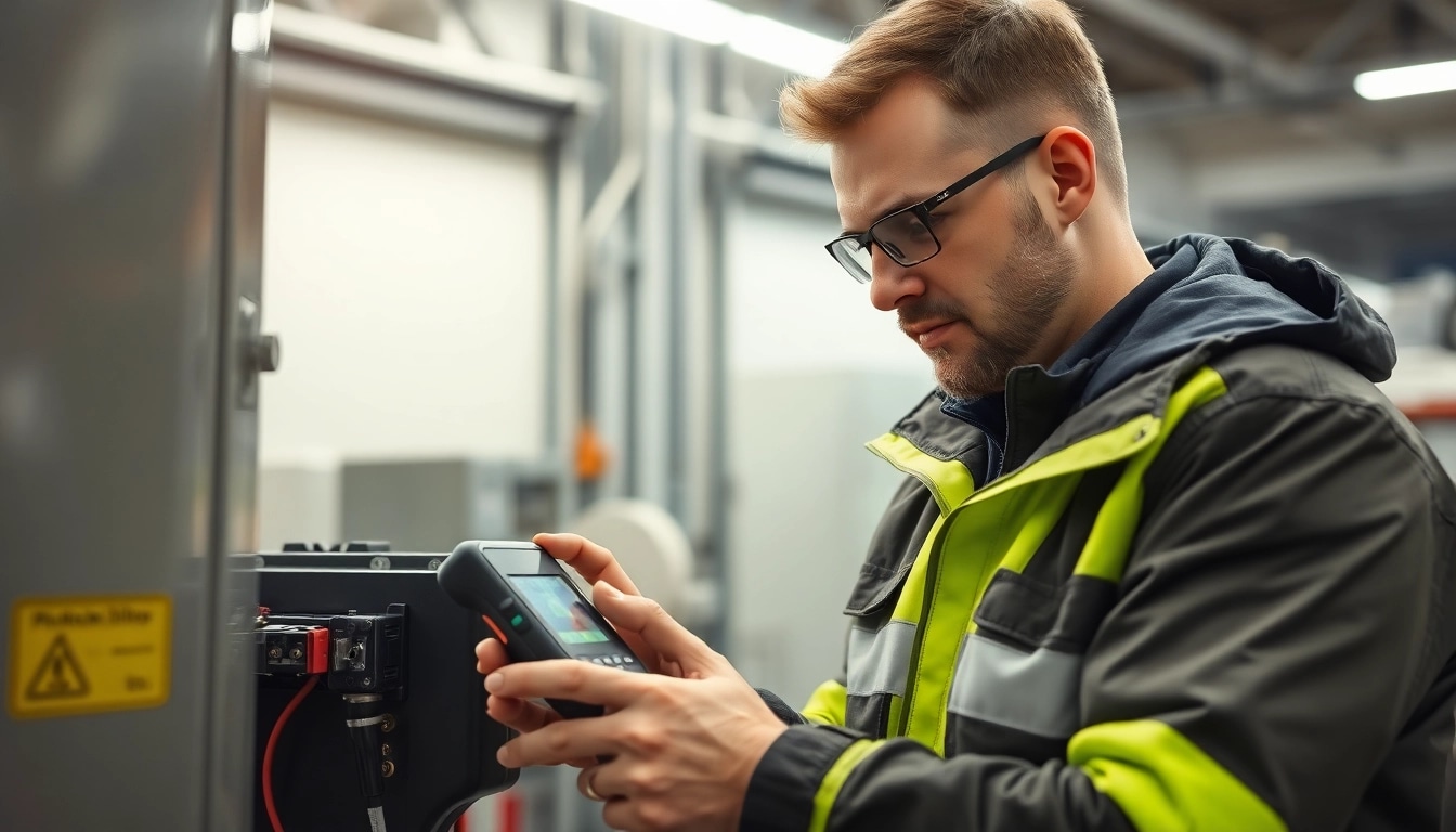 Techniker führt eine DGUV V3 Prüfung an einem elektrischen Gerät in einer modernen Werkstatt durch.