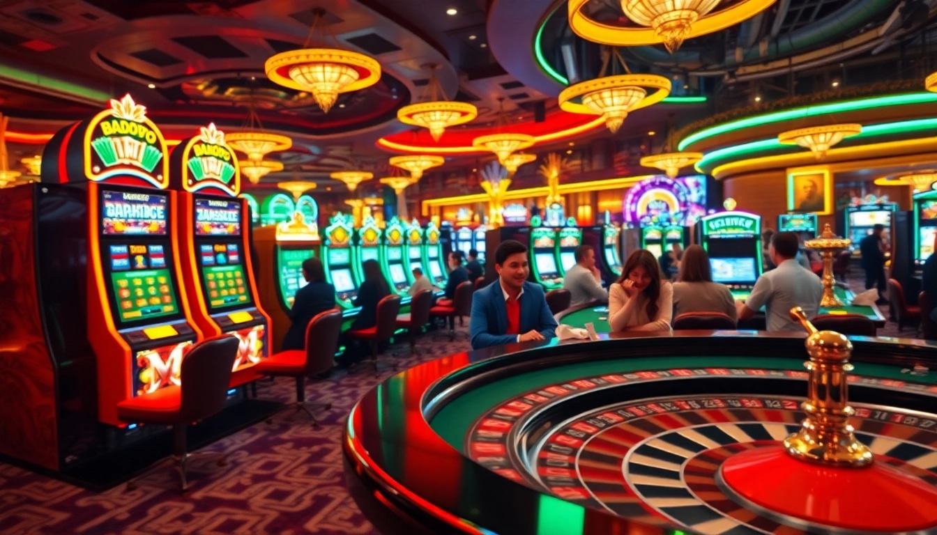 Spill mit Glück auf casinospielen.de in einem lebhaften Casino mit Spielautomaten und Roulette-Tisch.