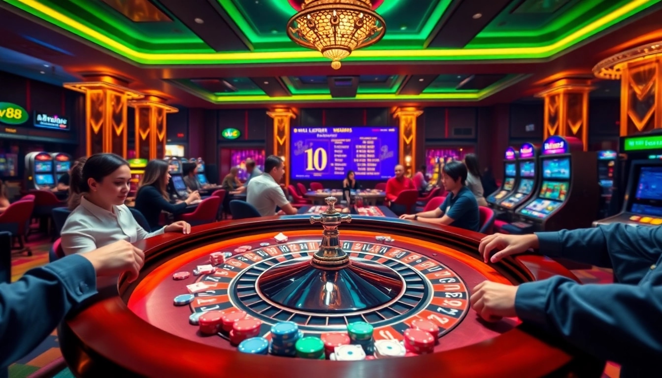 Experience thrilling gameplay at MV88 casino with colorful roulette and poker action.
