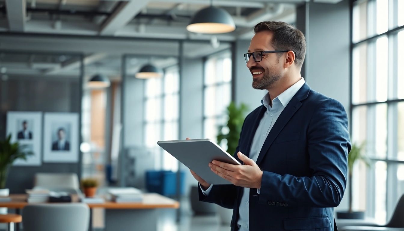 Headhunter Ingenieure führt ein berufliches Gespräch in modernem Büro mit Tablet.
