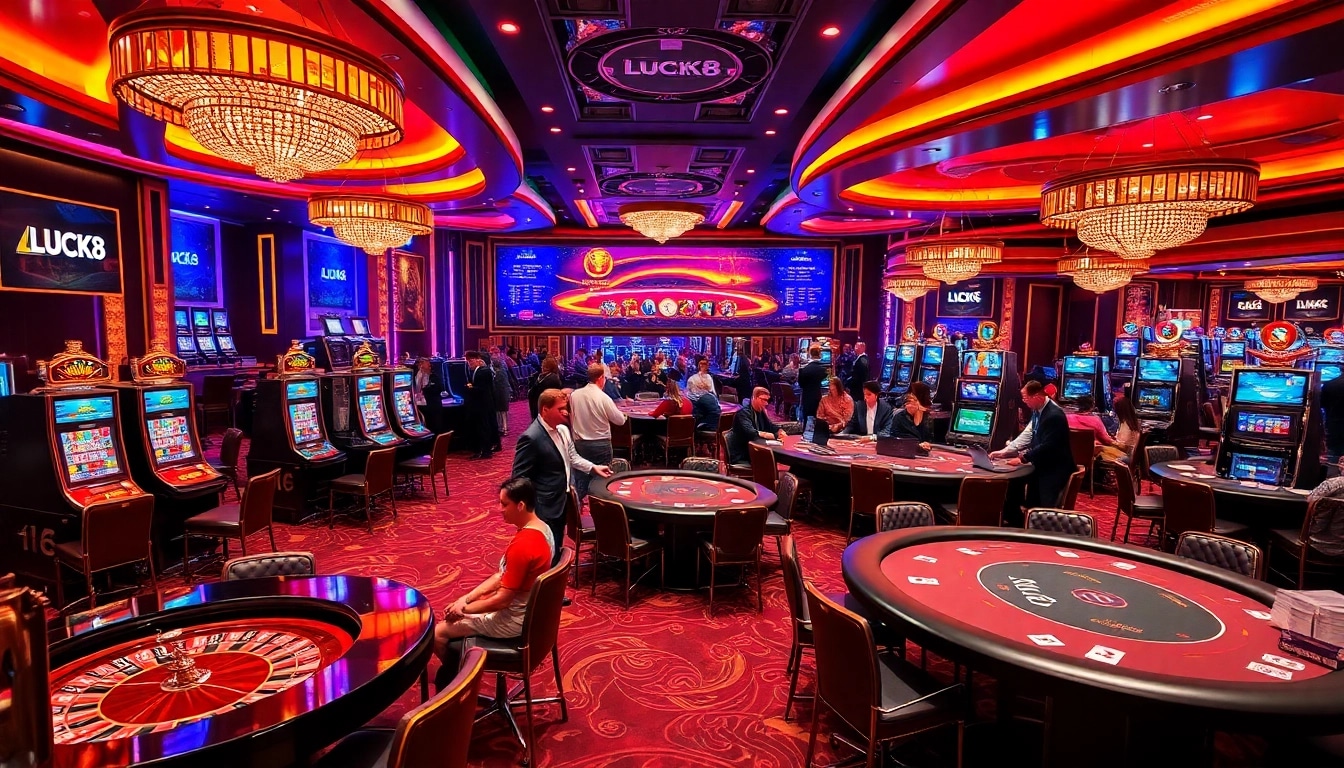 Người chơi casino LUCK8 đang tận hưởng những bàn chơi sôi động với đầy chip, bài và máy đánh bạc.