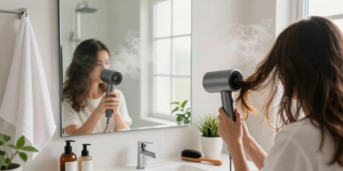 A person using a small hair dryer in a bright bathroom, fresh hair care atmosphere.