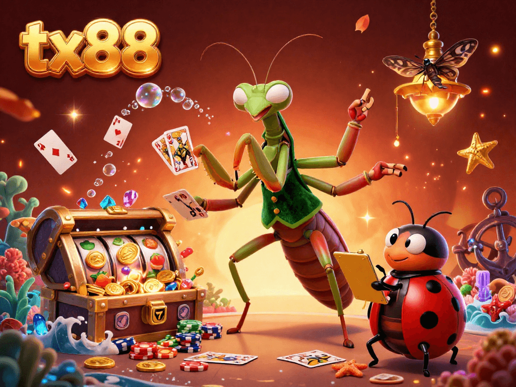 Experience the vibrant thrill of tx88 casino with a dynamic illustration featuring card games and lively characters.