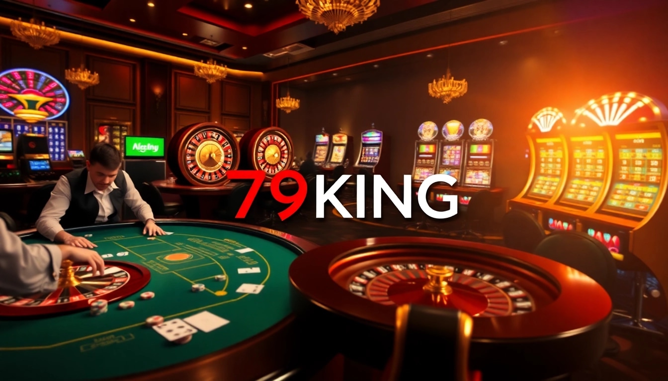 Experience exhilarating gameplay at 79KING with vibrant casino elements like poker chips and a spinning roulette wheel.