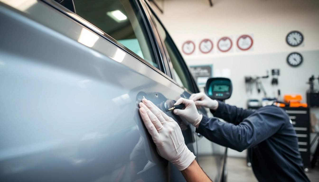 Dellenreparatur München: Fachmann bei der professionellen Dellenentfernung von einem Fahrzeug.