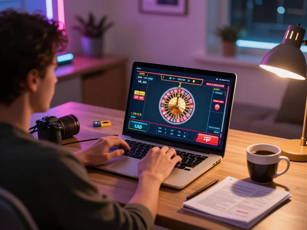 Engaging scene of online roulette gaming on laptop showcasing VIN777 experience in a cozy home setting.