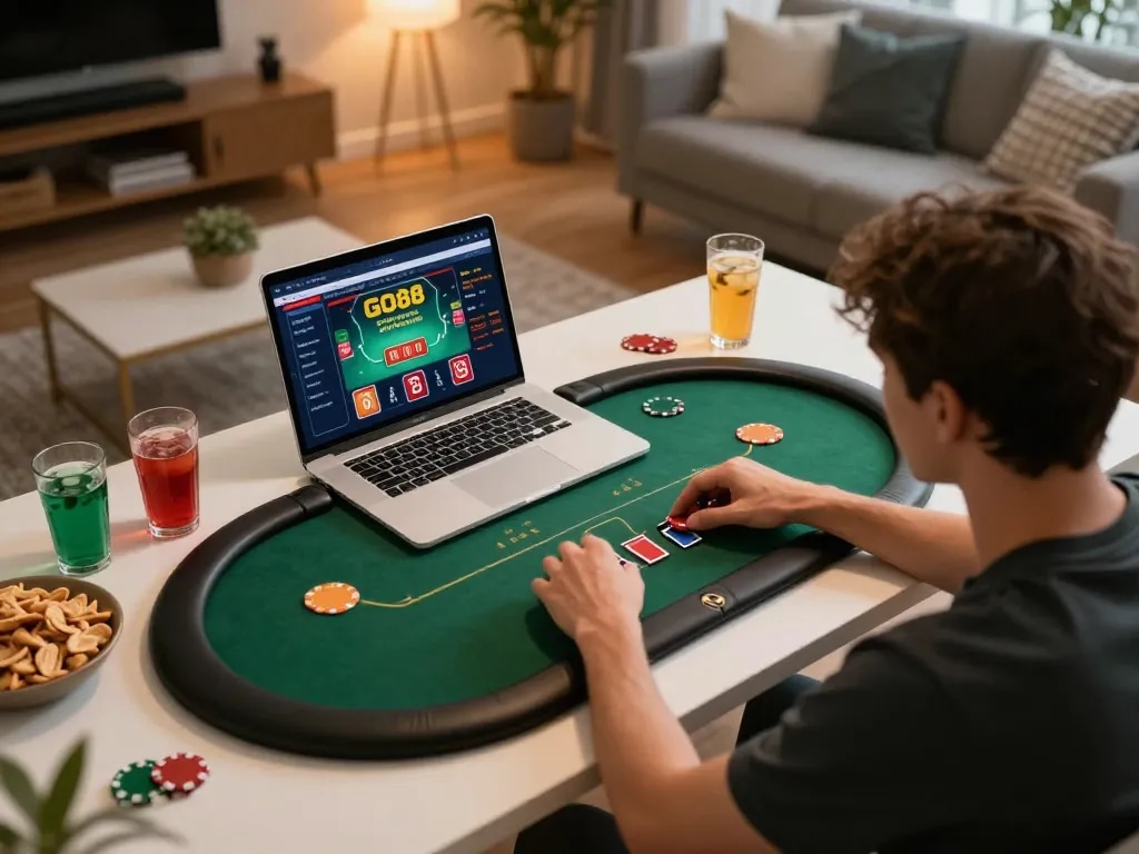 Player strategizing during a GO88 online poker game at home with vibrant gaming interface.