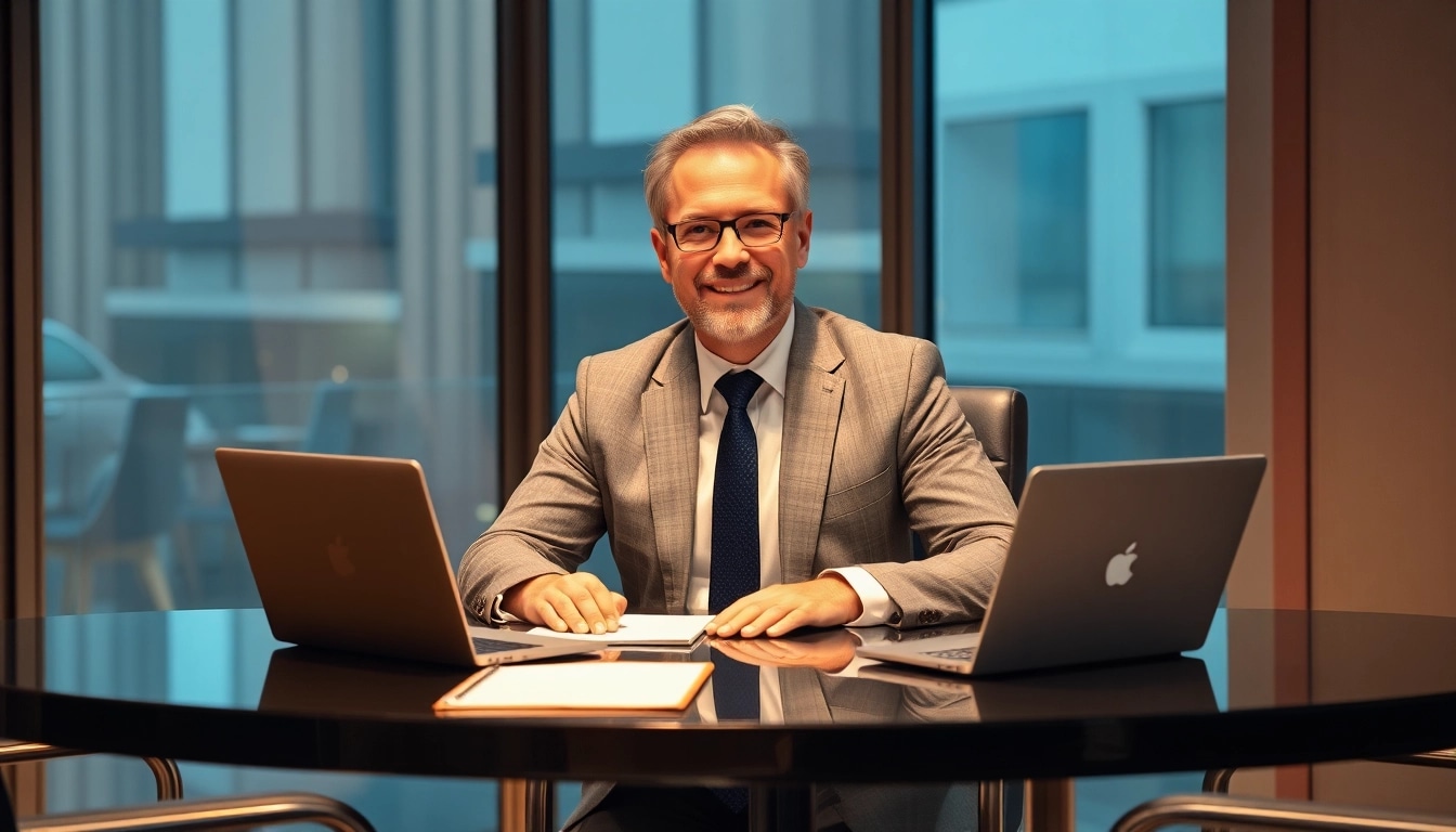 Headhunter bei der Arbeit in einem modernen Büro, umgeben von Notizen und einem Laptop.