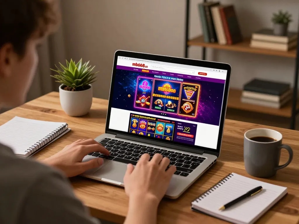 Engaging in online gambling at mb668.co with a cozy home gaming setup and lively screen interface.
