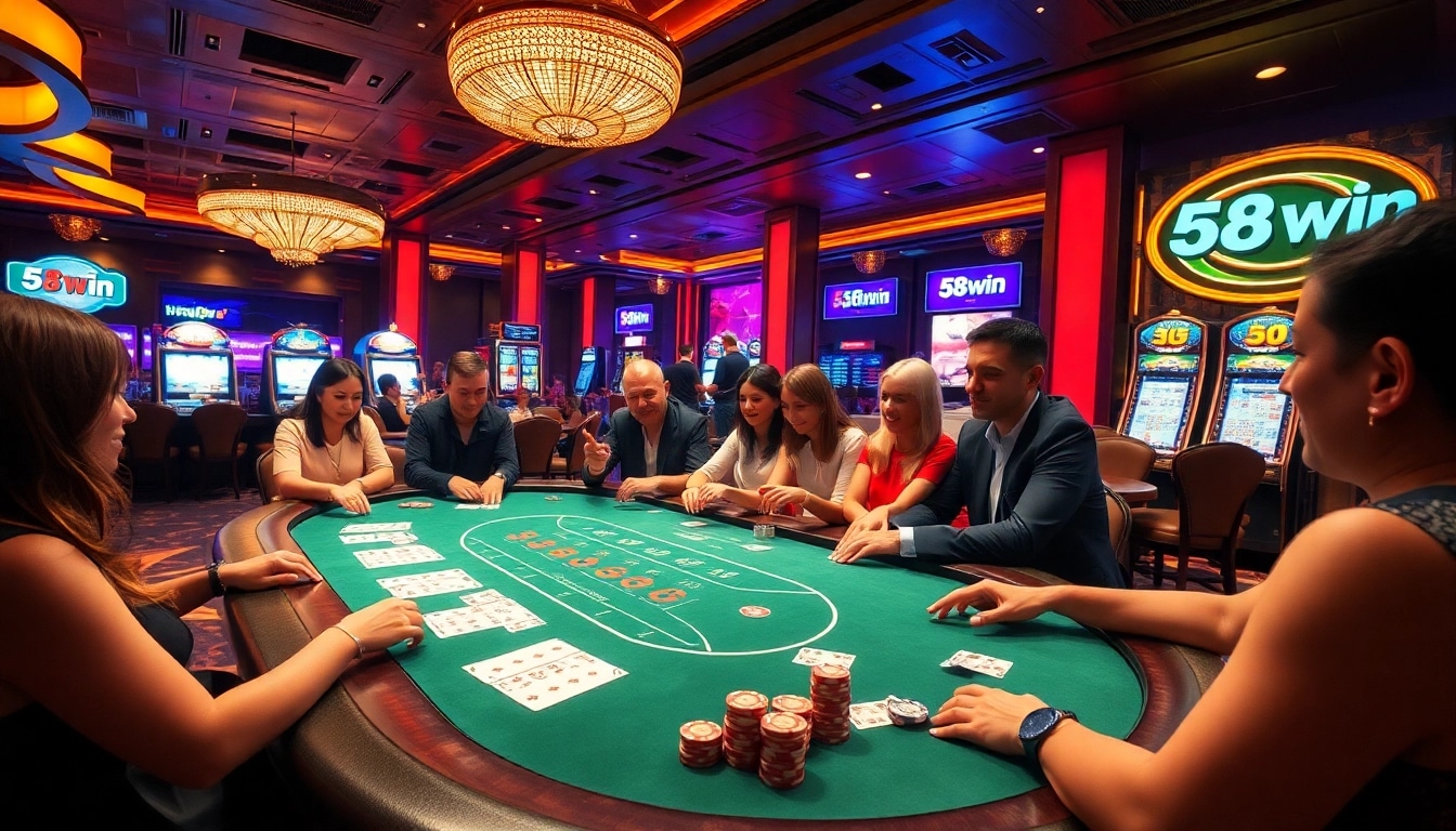 Players enjoying a thrilling poker game at 58win casino with vibrant atmosphere and lights.