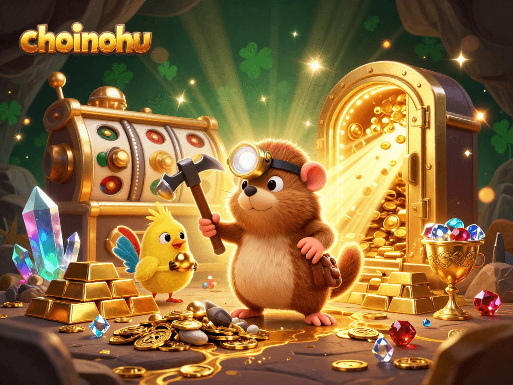 Spin and win at choinohu with this rich illustration of a mole treasure hunter amidst golden casino riches.
