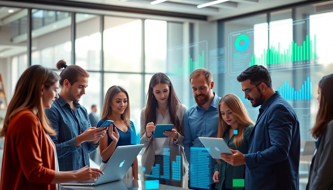 Internet Trends werden durch eine diverse Gruppe von Fachleuten in einer modernen Umgebung analysiert.