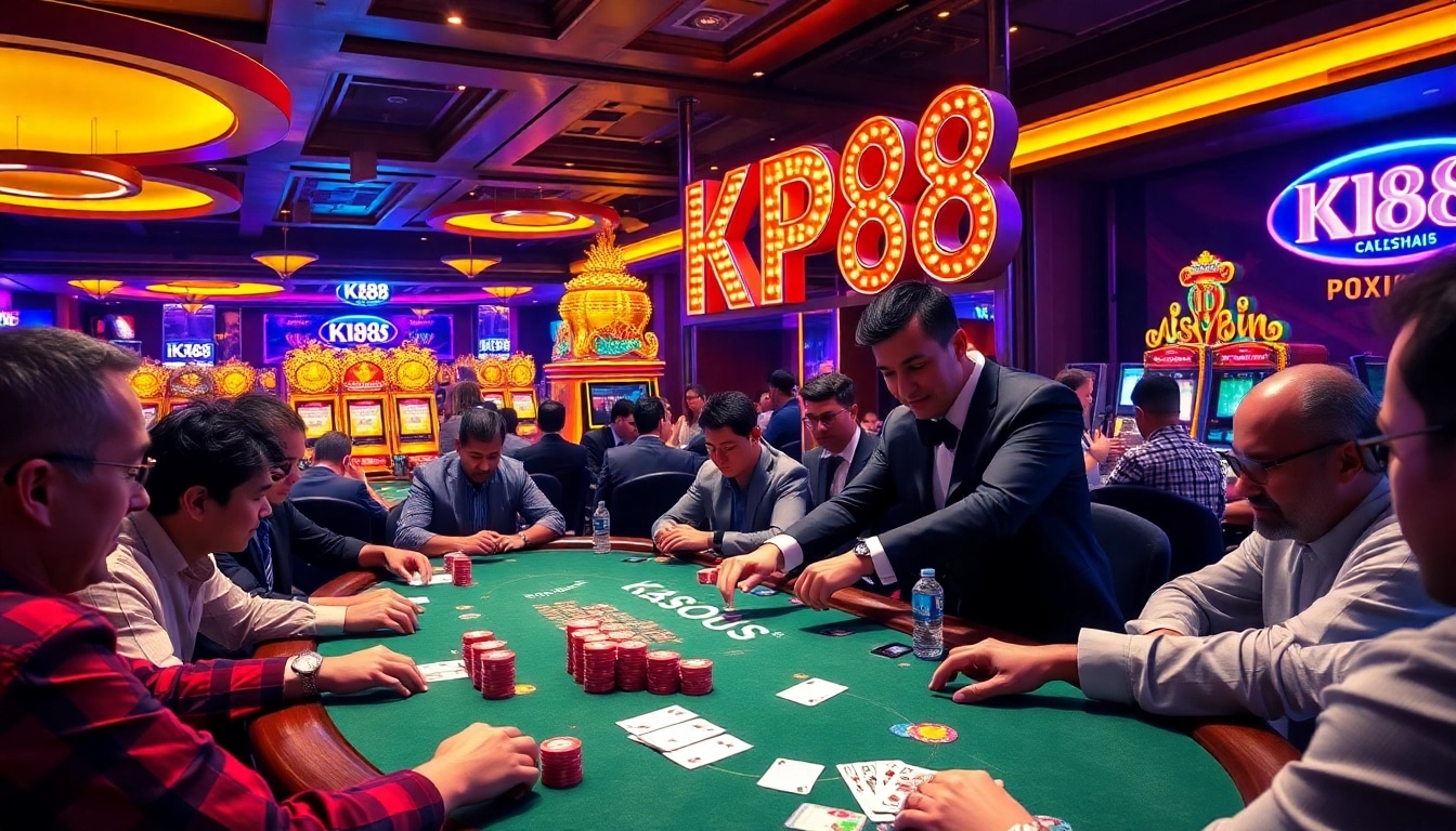 Players engage in an intense poker game at KP88, surrounded by colorful chips and slot machines.