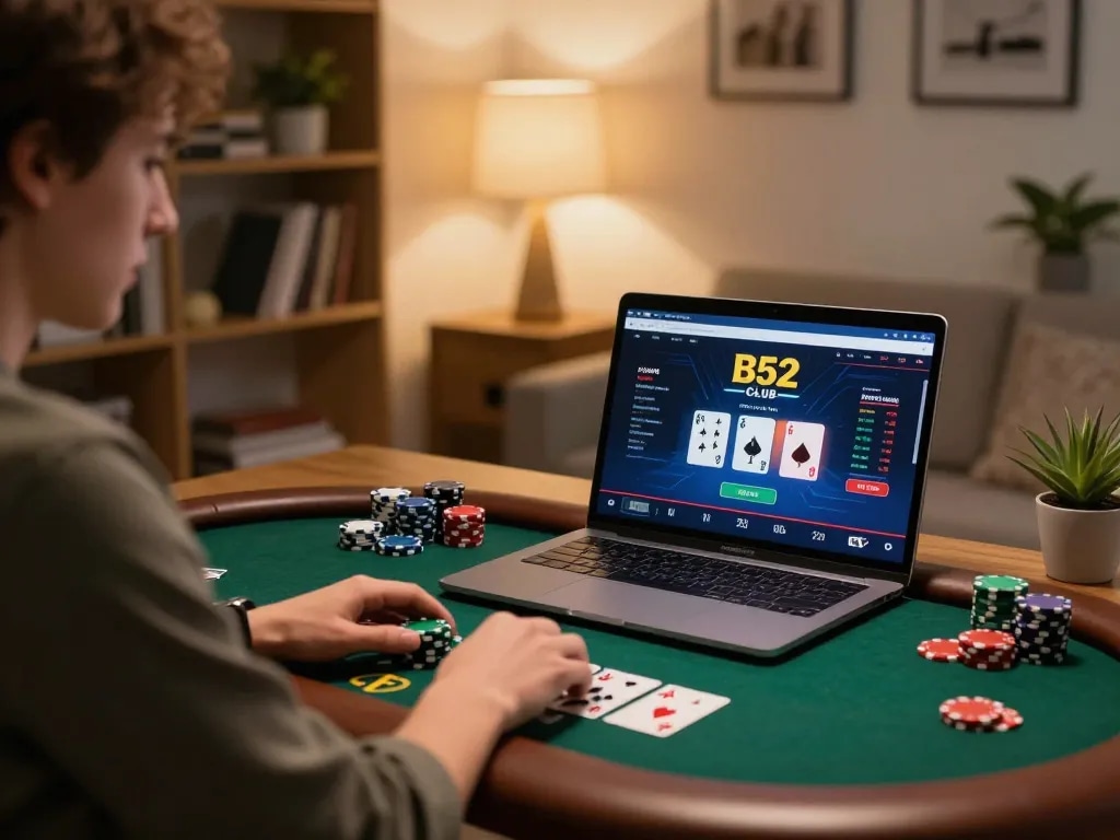 Trải nghiệm chơi poker hấp dẫn tại câu lạc bộ B52 trên máy tính xách tay, thể hiện trải nghiệm chơi game tại nhà.
