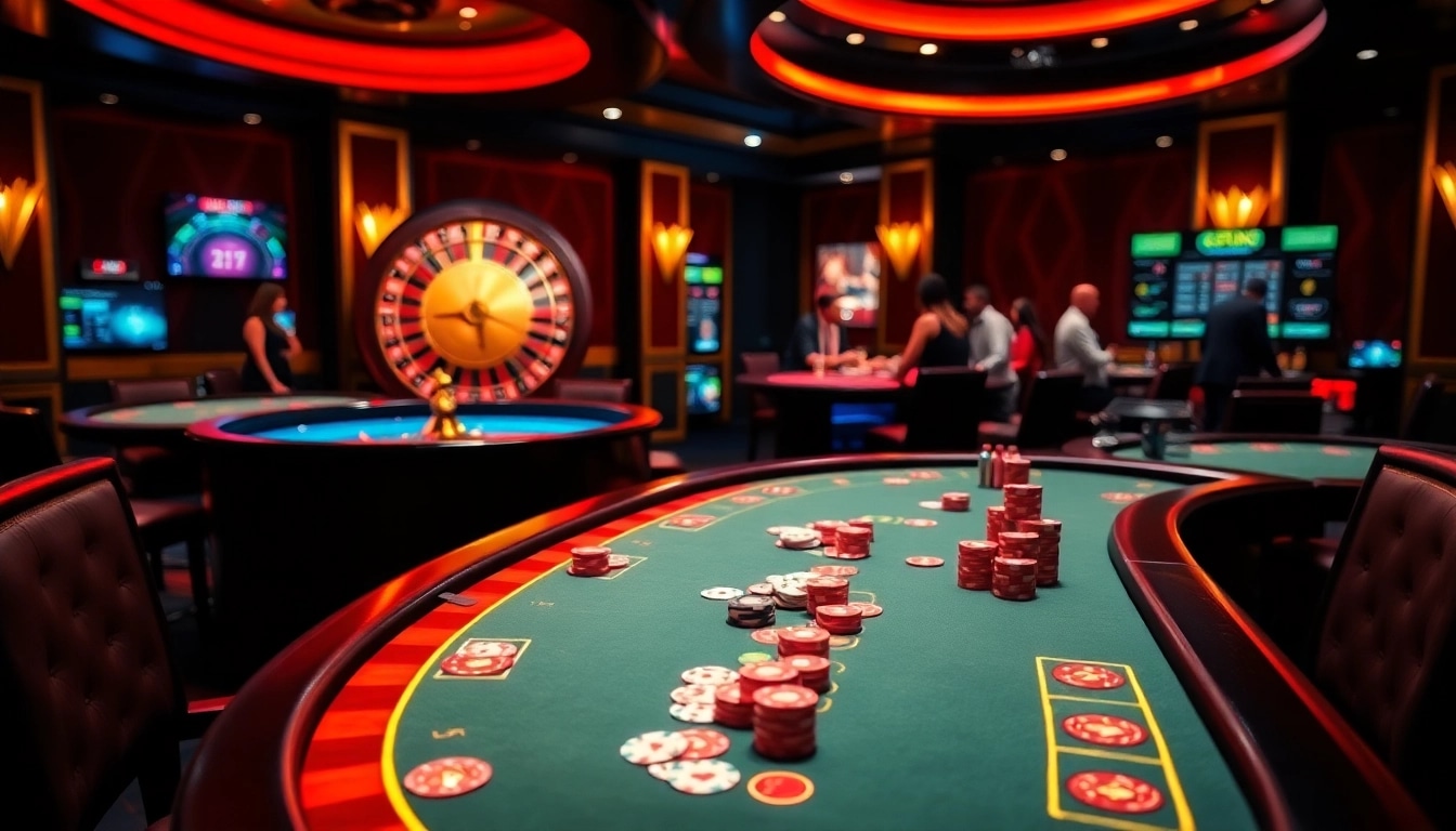 Experience thrilling gameplay at F8 BET with vibrant casino tables and an engaging roulette wheel.