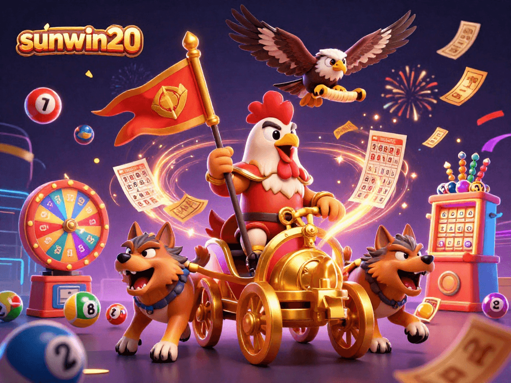 Experience the thrill of sunwin20 with colorful lottery balls and vibrant casino elements in this dynamic scene.