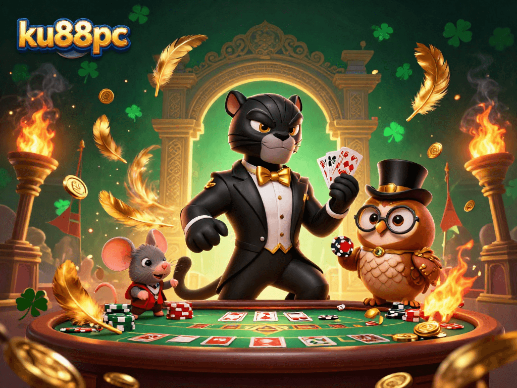 Join the excitement at ku88pc with a stylish panther dealer, an owl with poker chips, and a lucky mouse!