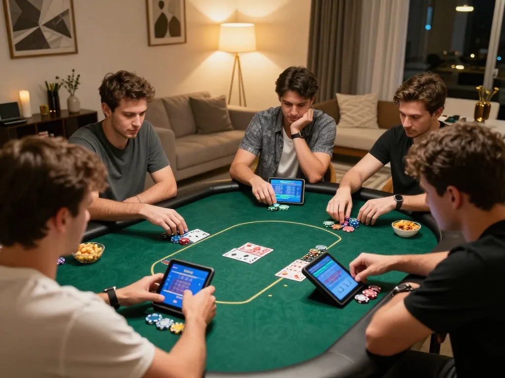 Players enjoy a lively poker game on mb668's online platform in a cozy home environment, enhancing social gaming experience.